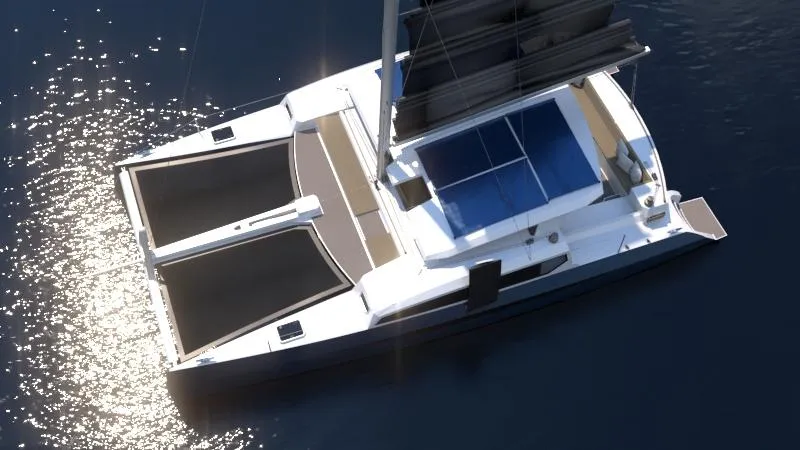 Slide: The Image of 2025 Catamaran Cruisers Day Sailor on calm water, top view. - 2