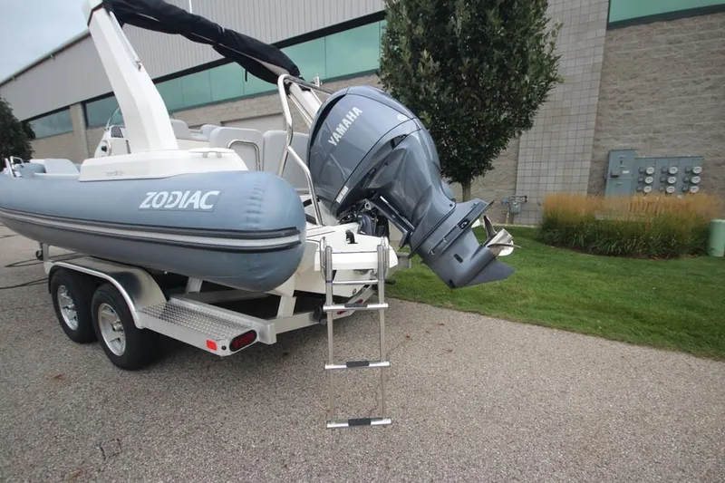 Slide: The Image of 2024 Zodiac Medline 7.5 NEO boat with Yamaha engine on trailer. - 6
