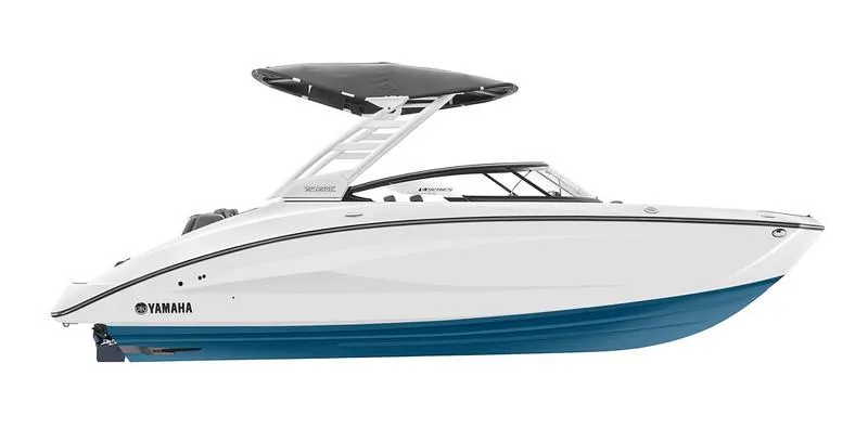 Slide: The Image of 2023 Yamaha Boats 252SE, white and blue, side view. - 18