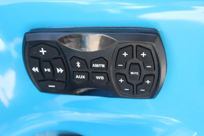 Slide: The Image of Control panel of 2023 Yamaha Boats 255XE with Bluetooth, AM/FM, AUX, and WB options. - 17