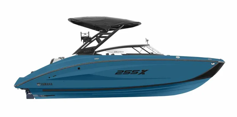 Slide: The Image of 2023 Yamaha Boats 255XE in blue, side view. - 18