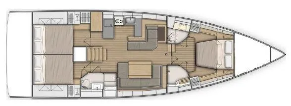 Slide: The Image of Floor plan of a 2019 Beneteau 51.1 yacht, featuring three cabins and a central living area. - 34
