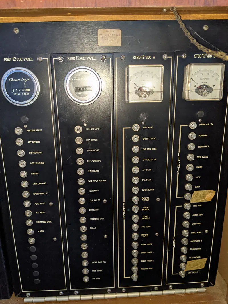 Slide: The Image of 1976 Chris-Craft Roamer electrical control panel with gauges and switches. - 34