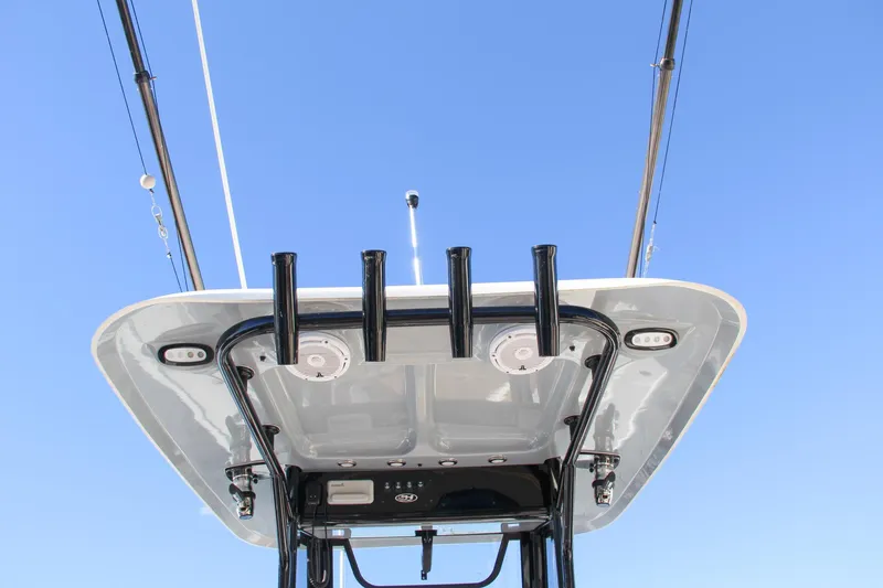 Slide: The Image of 2021 Sea Hunt Ultra 275 SE boat top view with rod holders and lights. - 32