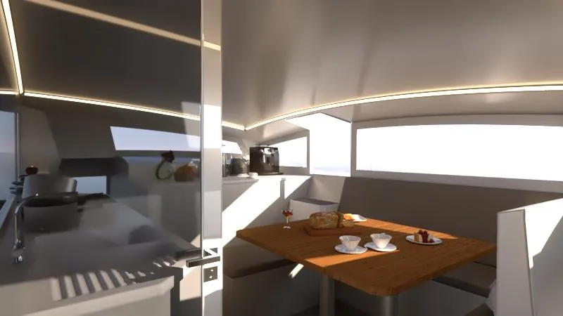 Slide: The Image of Modern interior of 2024 Catamaran Cruisers Power Cat with dining area and kitchen. - 13