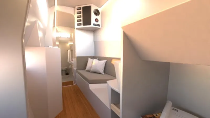 Slide: The Image of 2024 Catamaran Cruisers Power Cat interior with modern seating and wooden flooring. - 15