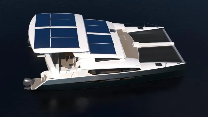 Slide: The Image of 2024 Catamaran Cruisers Power Cat with solar panels on the roof, cruising on water. - 3