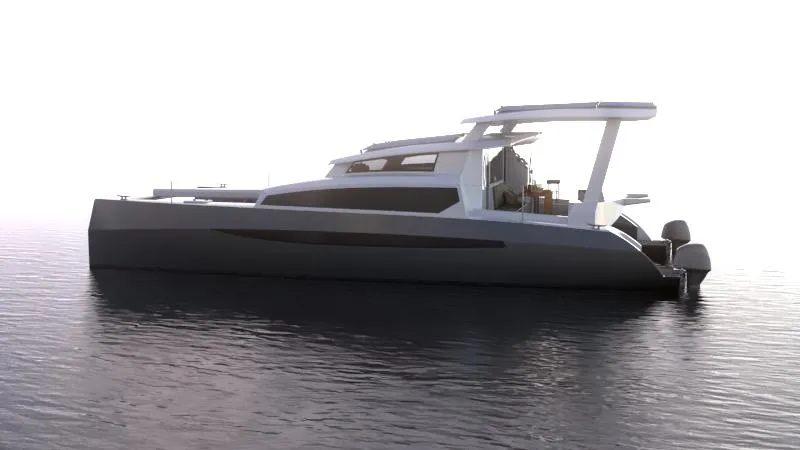 Slide: The Image of 2024 Catamaran Cruisers Power Cat on calm water. - 4