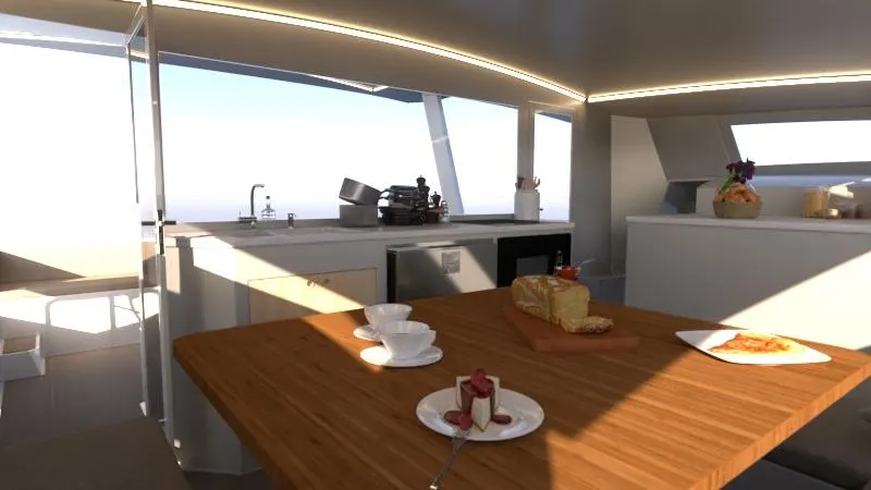 Slide: The Image of Modern kitchen interior of 2024 Catamaran Cruisers Power Cat with wooden dining table. - 7