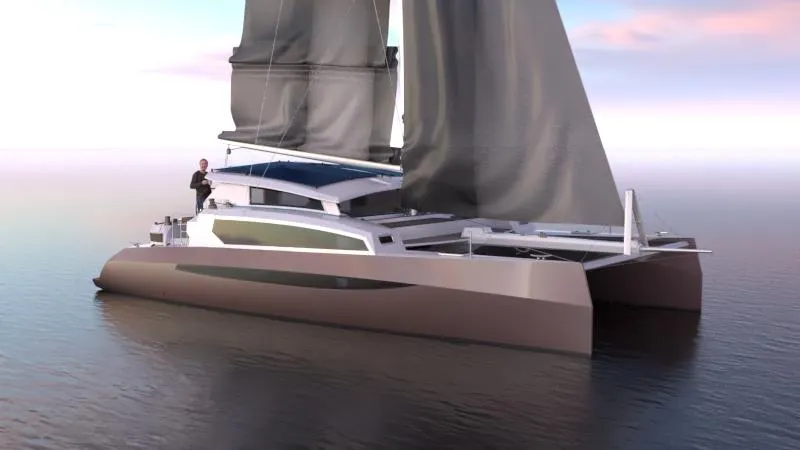 The Image of 2025 Catamaran Dual Flyer 400 sailing on calm waters at sunset. - 0
