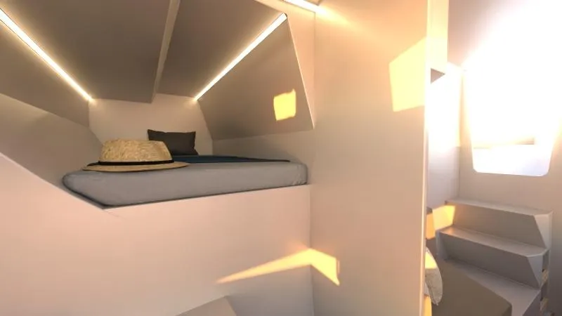Slide: The Image of Modern interior cabin of 2025 Catamaran Dual Flyer 400 with cozy bed and natural lighting. - 12