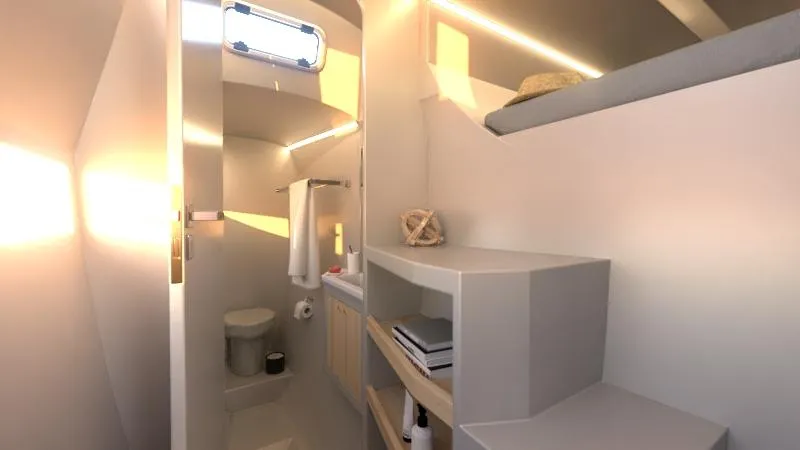 Slide: The Image of Modern bathroom interior of 2025 Catamaran Dual Flyer 400 with sleek design and ample storage. - 15