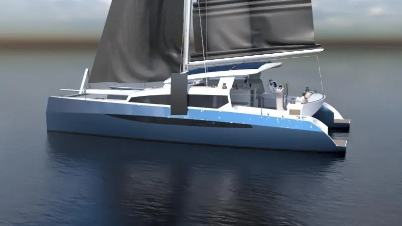 Slide: The Image of 2025 Catamaran Dual Flyer 400 sailing on calm waters. - 2