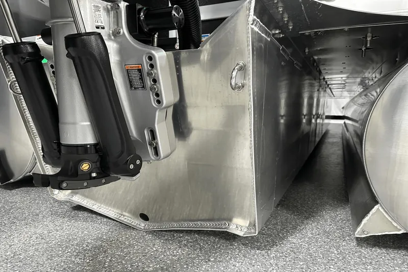Slide: The Image of Close-up of 2024 Premier 250 Solaris Sport pontoon boat's aluminum undercarriage. - 31