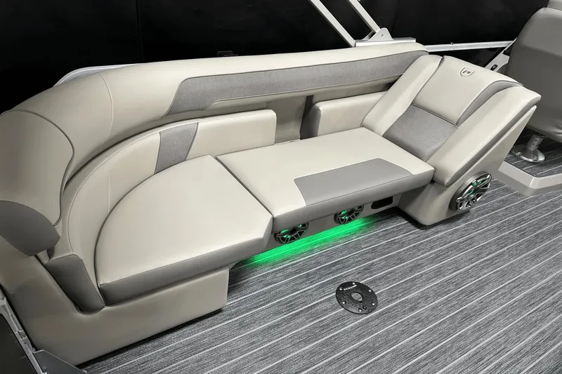 Slide: The Image of Luxurious seating in 2024 Premier 250 Solaris Sport boat with ambient lighting. - 45