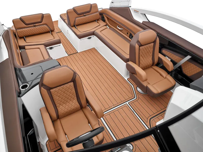 Slide: The Image of 2024 Yamaha Boats 275SE interior with luxurious brown leather seating and teak flooring. - 4