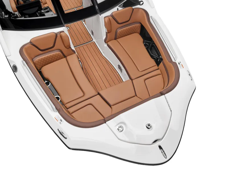 Slide: The Image of 2024 Yamaha Boats 275SE interior with tan leather seating and white exterior. - 7