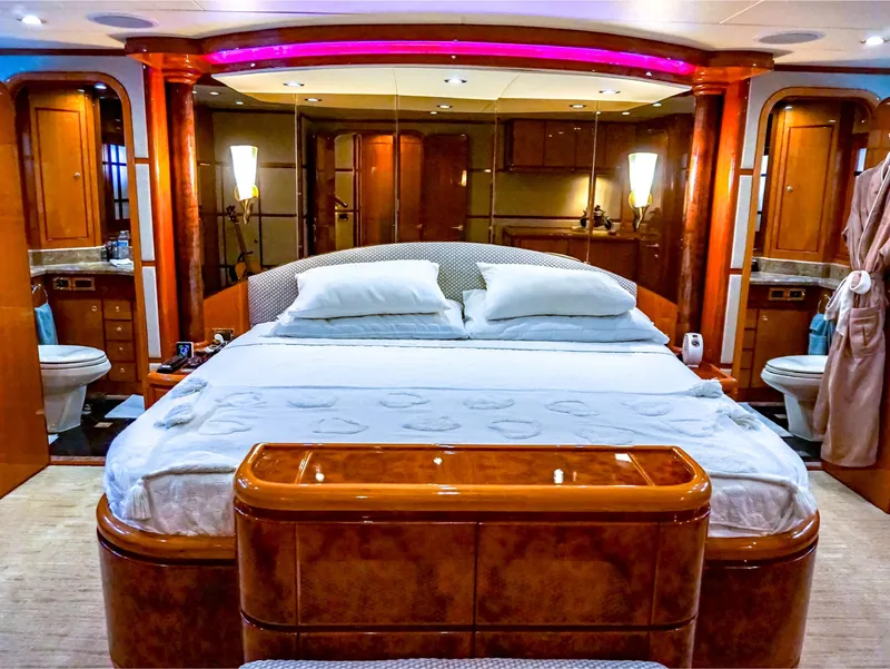 Slide: The Image of Luxurious bedroom in 2003 Hargrave Sky Lounge Motoryacht with elegant wood finishes. - 16