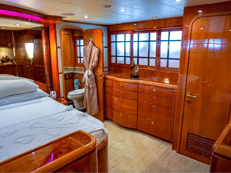 Slide: The Image of Luxurious interior of 2003 Hargrave Sky Lounge Motoryacht with elegant wood finishes. - 18