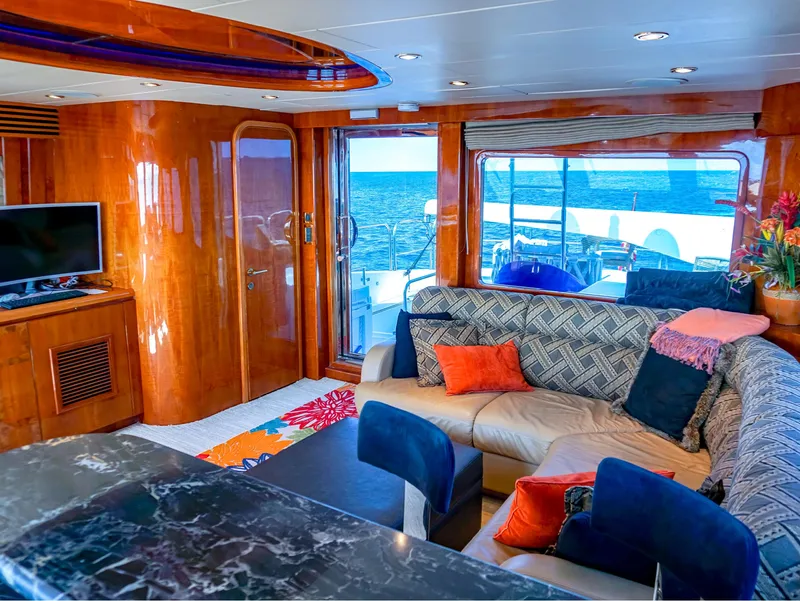 Slide: The Image of Luxurious 2003 Hargrave Sky Lounge Motoryacht interior with ocean view and elegant furnishings. - 8