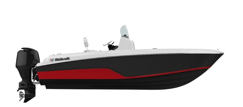 Slide: The Image of 2024 Wellcraft 202 Fisherman boat, side view, black and red hull, outboard motor. - 4
