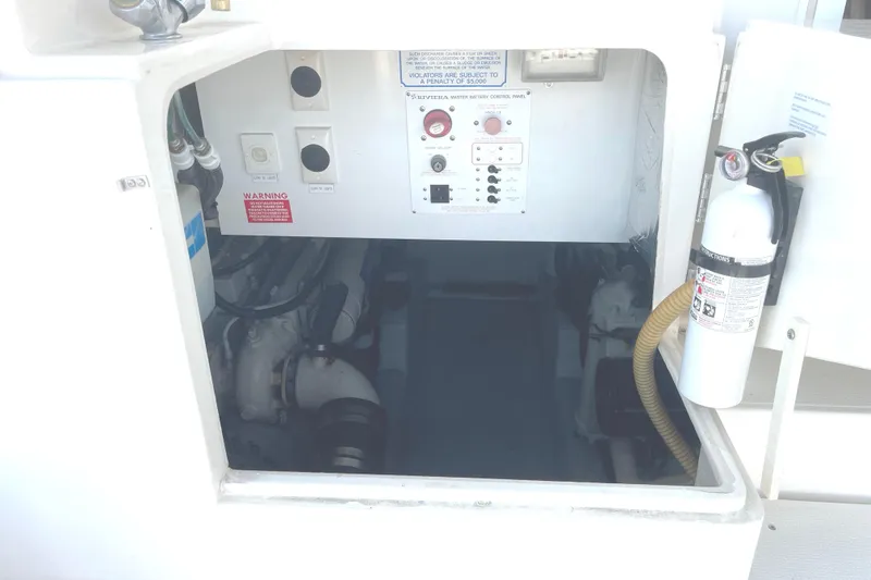 Slide: The Image of Engine compartment of a 2000 Riviera Flybridge boat with control panel and fire extinguisher. - 18
