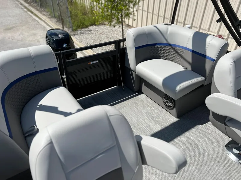 Slide: The Image of 2024 Qwest RLS 818 boat interior with gray seating and modern design. - 12