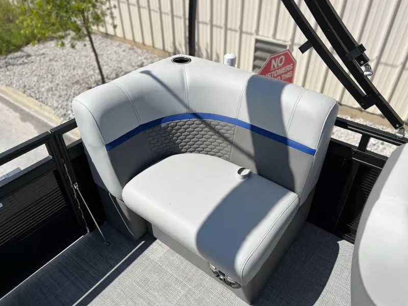 Slide: The Image of 2024 Qwest RLS 818 boat seat with gray upholstery and blue accent. - 3