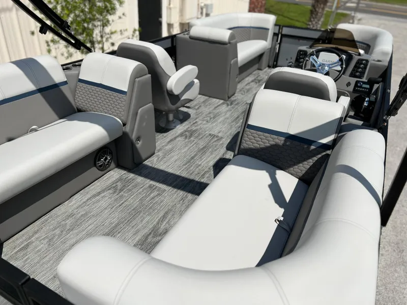 Slide: The Image of 2024 Qwest RLS 820 boat interior with luxurious seating and modern design. - 16