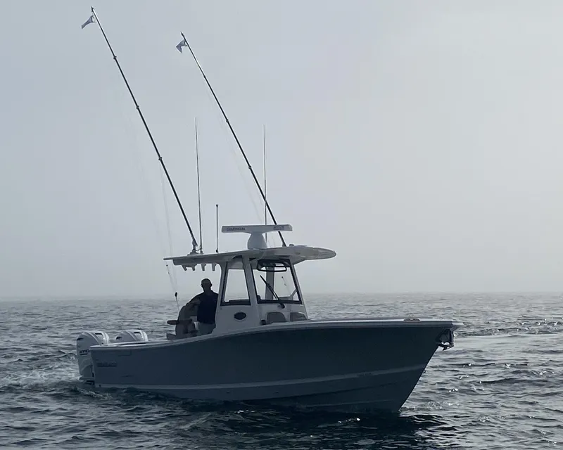 Slide: The Image of 2024 Regulator 31 boat on the water with fishing rods. - 50