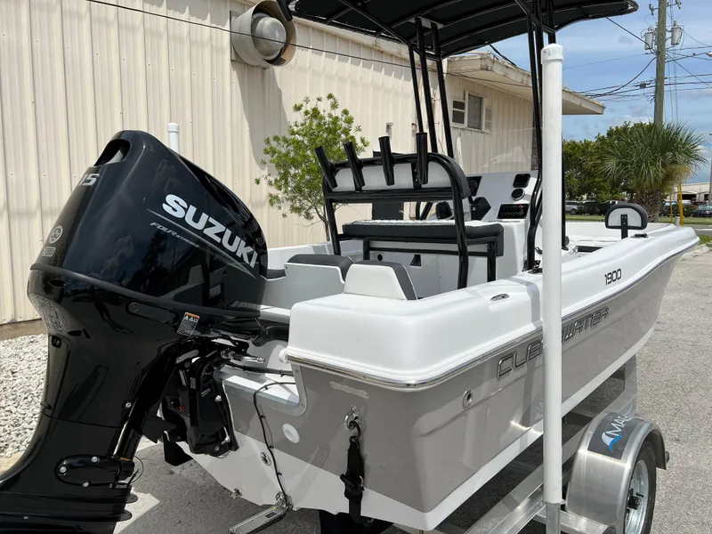 Slide: The Image of 2024 Clearwater 1900 boat with Suzuki outboard motor on trailer. - 19