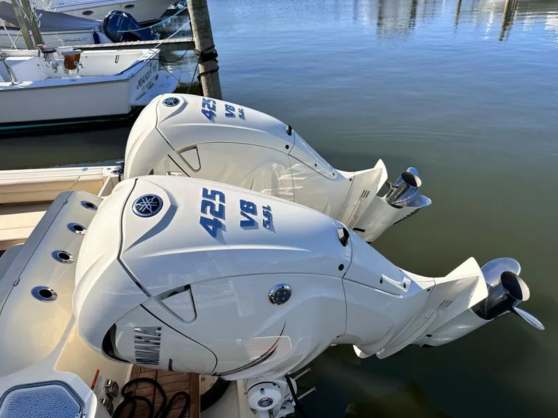 Slide: The Image of Twin Yamaha 425 V8 engines on a 2021 Chris-Craft Calypso 35 boat. - 30