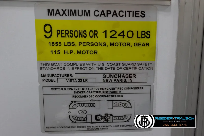 Slide: The Image of 2024 SunChaser Vista 22 LR boat capacity label, 9 persons or 1240 lbs, 115 HP motor. - 45