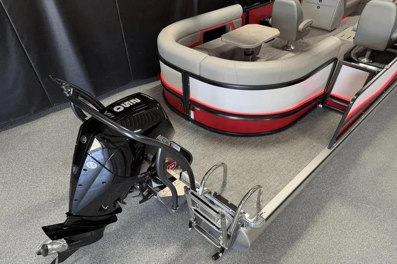 Slide: The Image of 2024 Premier 250 Solaris pontoon boat with Mercury outboard motor and stylish seating. - 10