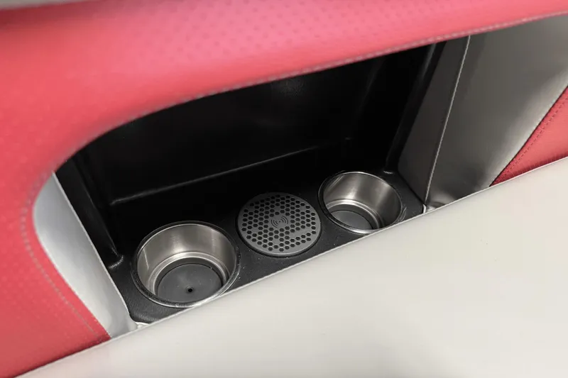 Slide: The Image of 2024 Premier 250 Solaris cup holders with red and white upholstery. - 20