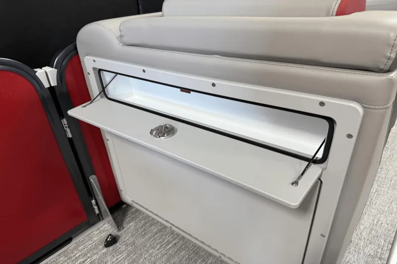 Slide: The Image of 2024 Premier 250 Solaris storage compartment with fold-down shelf and latch. - 43