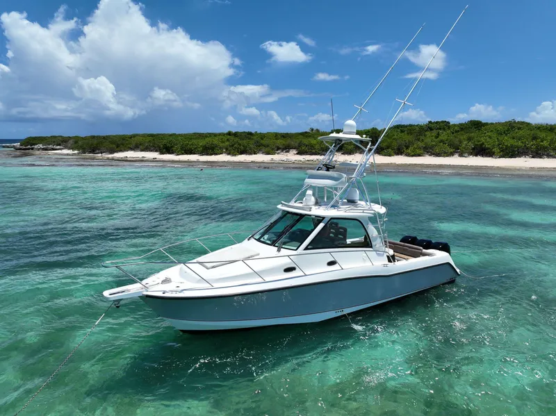 The Image of Boston Whaler 345 Conquest 2010 boat on clear turquoise water near a sandy beach. - 0