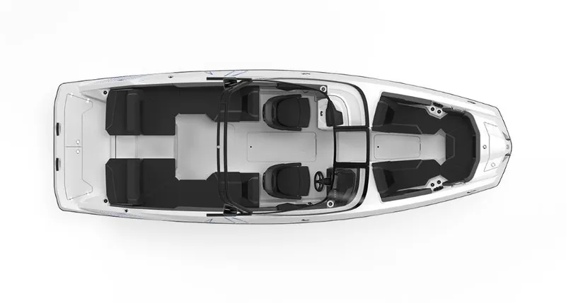 Slide: The Image of 2024 Scarab 255 Open ID boat, top view, white hull, black seating. - 2