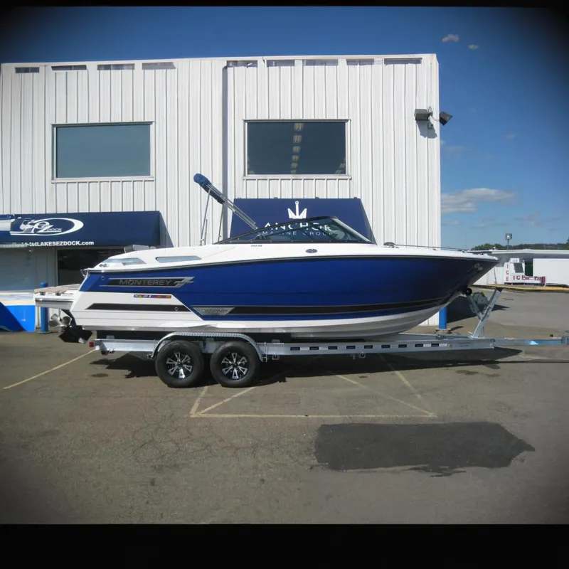 The Image of 2024 Monterey 258SS Super Sport boat on trailer, blue and white design. - 0