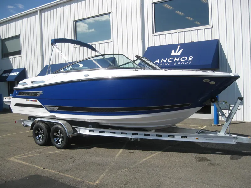 Slide: The Image of 2024 Monterey 258SS Super Sport boat on trailer outside building. - 2