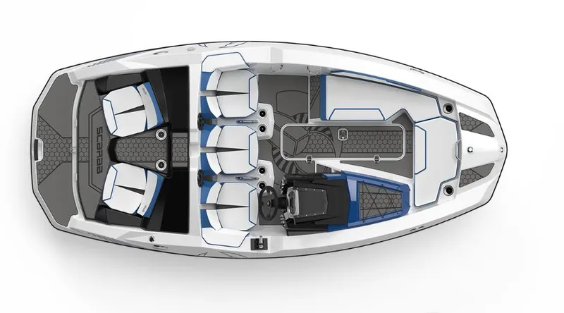 Slide: The Image of Top view of a 2023 Scarab 165 ID boat with white and blue seating. - 2