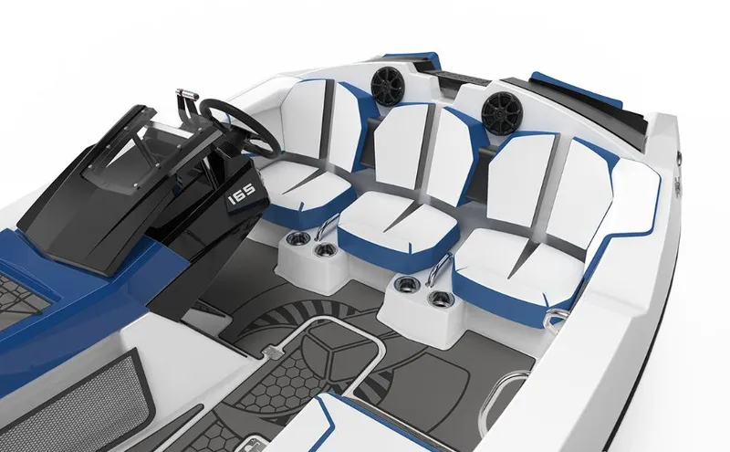 Slide: The Image of 2023 Scarab 165 ID boat interior with white and blue seating, steering console, and cup holders. - 3