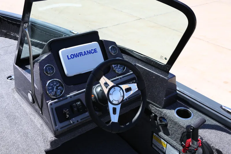 Slide: The Image of 2024 Ranger VS1682SC Angler boat dashboard with Lowrance electronics and steering wheel. - 4