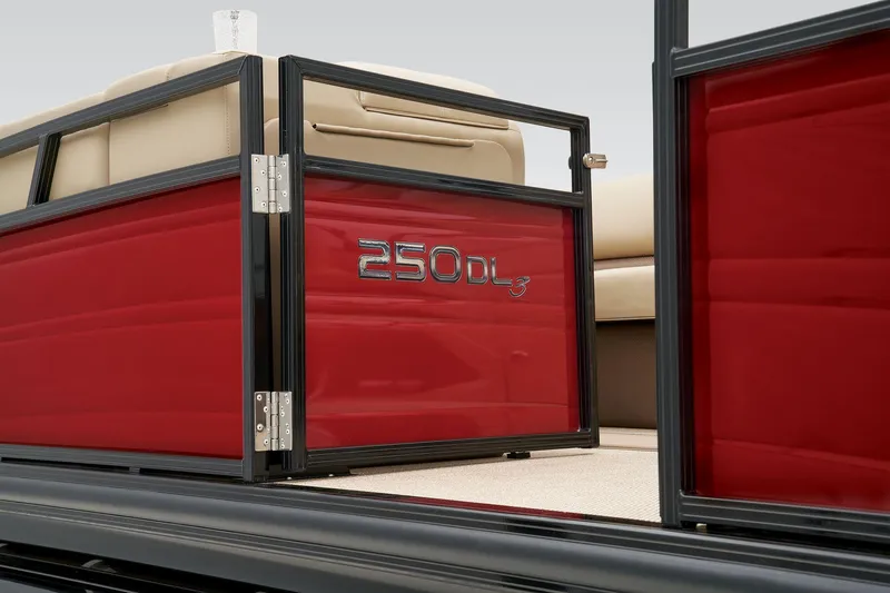 Slide: The Image of 2024 Regency 250 DL3 pontoon boat with red side panel and beige seating. - 17