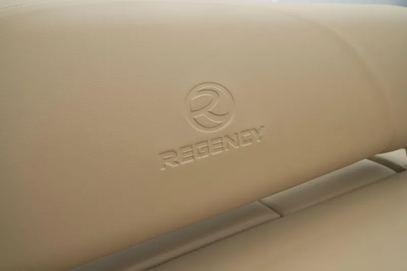 Slide: The Image of 2024 Regency 250 DL3 beige leather seat with embossed logo. - 38