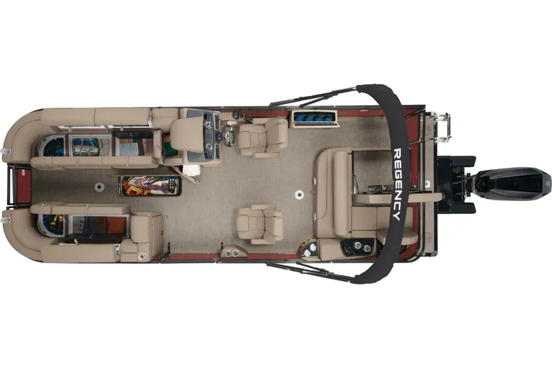 Slide: The Image of 2024 Regency 250 DL3 pontoon boat interior layout, top view. - 9