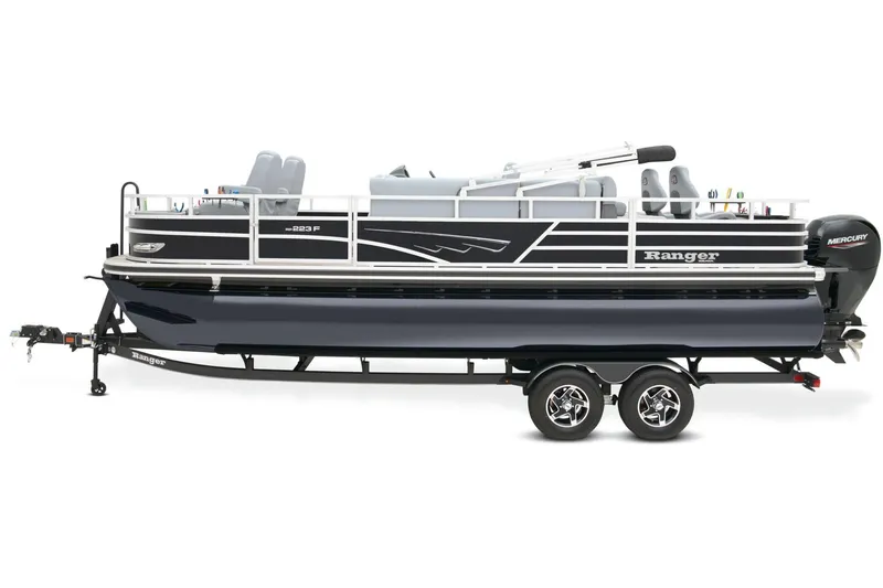 Slide: The Image of 2024 Ranger Reata 223F pontoon boat on a trailer. - 5