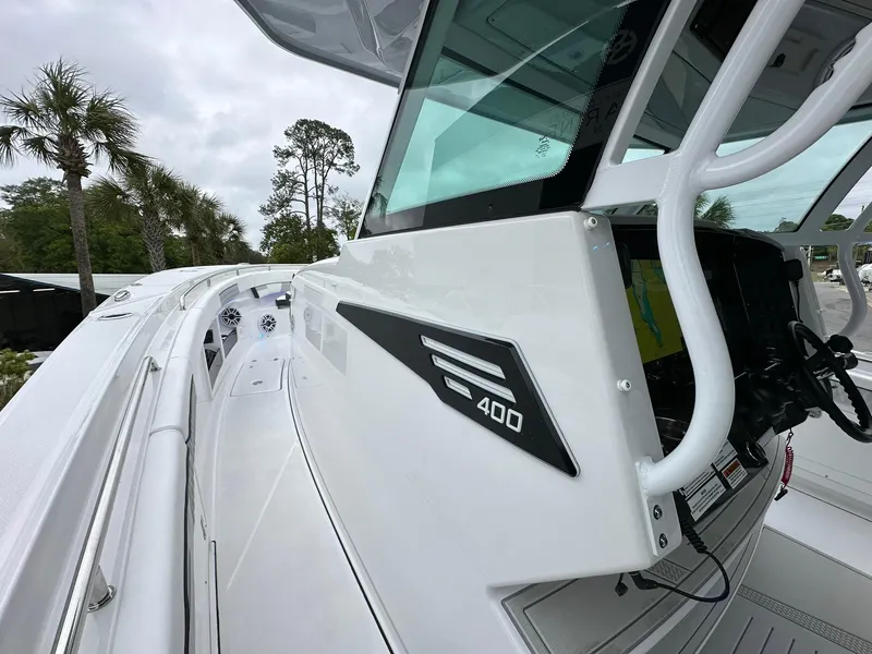 Slide: The Image of 2024 Blackfin 400 CC boat with luxurious seating and modern design. - 15