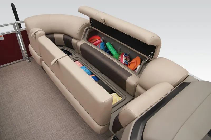 Slide: The Image of 2024 Sun Tracker Party Barge 20 DLX storage compartments with various items. - 26