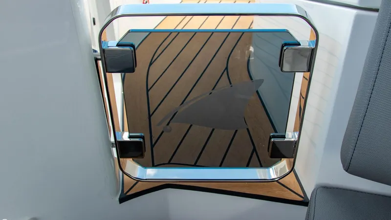 Slide: The Image of 2023 Alfastreet 23 Cabin Electric boat with sleek glass door and wooden deck. - 34